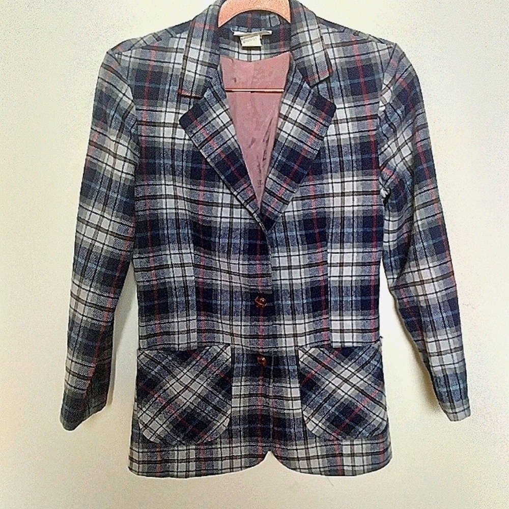 Vintage Blue and Red Plaid Two Wooden Button Wool Blend Blazer Size 5